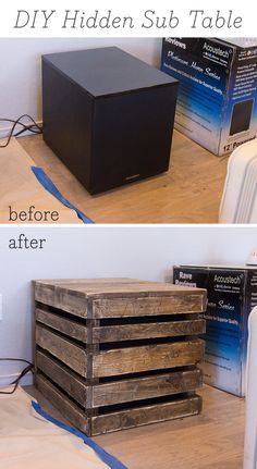 the before and after photos show how to make a diy hidden sub table from wood pallets