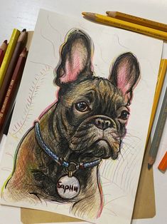 a drawing of a dog with a name tag on it's collar sitting next to colored pencils