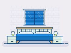 a bedroom with a bed, nightstands and blue shutters on the windowsill