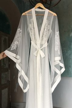 #lacelingerie #bridallingerie #bridalrobe Sheer Robe, Lingerie Shoot, Honeymoon Lingerie, Bridal Robe, Embroidered Sleeves, Wedding Robe, فستان سهرة, Wedding Vibes