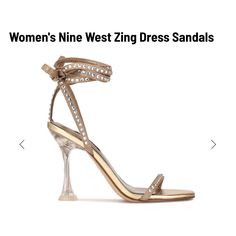 Build A Dressier Look With The Zing 2 Sandal From Nine West. The Strappy Sandal Is Styled With Rhinestones And A Wrap-Tie Around The Ankle For A Sparkly, Dainty Look And Is Outfitted With A Sculpted Heel. Fitted Rhinestone Sandals For Summer, Nine West Shoes, Dress Sandals, Strappy Sandals, Nine West, Women's Shoes Sandals, Shoes Sandals, Women Shoes, Sandals