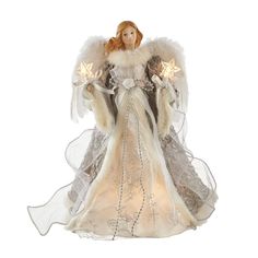 an angel figurine with white wings and lights