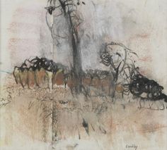 an abstract drawing of trees and bushes in the background, with one tree standing out from the crowd