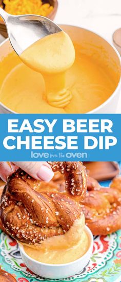 easy beer cheese dip recipe with pretzels in the bowl and spoon over it