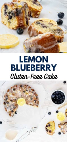 lemon blueberry gluten - free cake is cut into slices and served on a plate