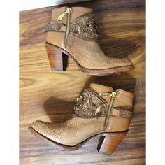 Women's Cuadra Leather Python Tan Booties Size 6.5 Brown Euc Western Style Leather Heels With Pointed Toe, Western Leather Snip Toe Booties, Western Leather Booties With Snip Toe, Western Leather Heels With Round Toe, Western Style Leather High Heel Moto Boots, Leather Western Heels For Fall, Western Leather Heels For Fall, Western Style Leather Heels For Fall, Western Heels With Leather Sole And Round Toe