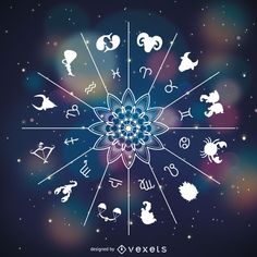 zodiac signs are arranged in the shape of a flower on a blue and purple background