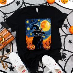 ✪ "Scary Night Cat" Van Gogh Halloween ✪ Celebrate Halloween with a twist of art and spookiness with our "Scary Night Cat" Van Gogh Halloween shirt. It's the purr-fect choice for cat lovers who adore Halloween. * "Scary Night Cat" Van Gogh-inspired Halloween shirt featuring a whimsical cat with a witch hat and mummy wrappings. * Made from comfortable, high-quality fabric perfect for Halloween enthusiasts. * Available in various sizes to suit cat lovers celebrating Halloween. * Please double chec Spooky Black T-shirt With Cat Print, Black Witchy Halloween T-shirt, Spooky Halloween T-shirt With Cat Design, Halloween Black T-shirt With Cat Design, Black Halloween T-shirt With Cat Design, Spooky Black T-shirt With Cat Design, Spooky Halloween Cat Design Top, Van Gogh Halloween, Funny Black Cats