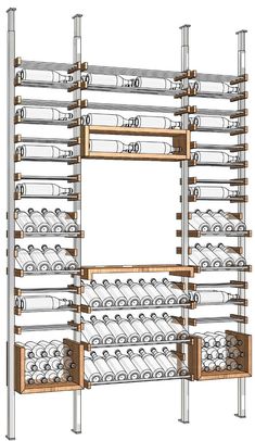 a drawing of a wine rack with many bottles and glasses on the bottom shelf,