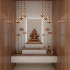 a white and gold room with a buddha statue