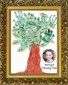 a family tree with handprints on it in a gold frame, and the words family