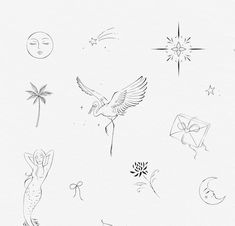 an ink drawing of birds and stars