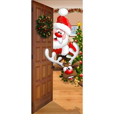 a christmas scene with santa claus and reindeers in front of an open wooden door