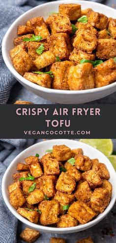 crispy air fryer tofu in a white bowl with lime wedges on the side