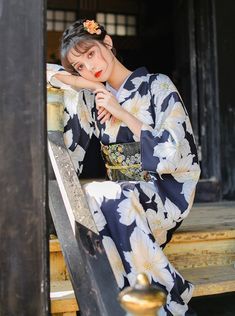 ❤︎Moonlight Flower Mode Yukata❤︎ Traditional Black Kimono With Floral Print, Traditional Black Floral Print Kimono, Japan Dress, Fireworks Festival, Traditional Japanese Kimono, Japanese Shirt, Kimono Maxi Dress, Yukata Kimono, Japan Outfit