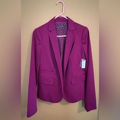 Women’s Purple/Pink Blazer From The Limited With Polka Dot Liner. Nwt - Excellent Condition. Size Xs Shell: 77% Polyester 20% Rayon 3% Spandex Lining: 100% Polyester Casual Fitted Purple Blazer, Tailored Purple Blazer For Spring, Turquoise Blazer, Dark Grey Blazer, Dress Blazer, Peplum Blazer, Yellow Blazer, Tan Blazer, Lapel Blazer