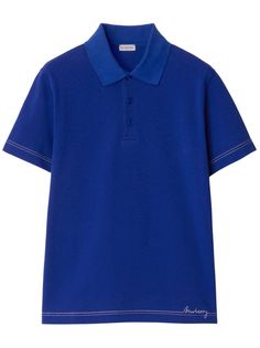 royal blue cotton piqué weave embroidered logo to the side decorative stitching polo collar short front button fastening short sleeves straight hem Blue Short Sleeve Polo Shirt For Workwear, Blue Short Sleeve Polo Shirt For Work, Blue Collared Polo Shirt With Placket, Blue Polo Shirt With Collar And Placket, Blue Polo Shirt With Collar, Blue Polo Shirt With Collar Placket, Blue Cotton Polo Shirt With Placket, Luxury Blue Collared Polo Shirt, Designer Blue Cotton Polo Shirt