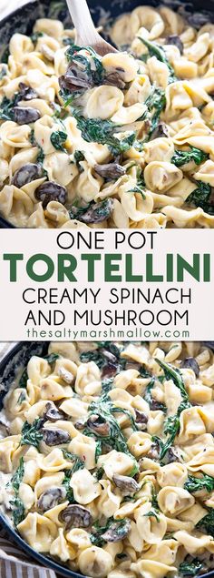 creamy spinach mushroom tortelli in a skillet