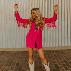 Pink Fringe Rodeo Blazer Dress Pink Fringe Romper, Hot Pink Cowgirl Outfit, Hot Pink Western Outfit, Glam Cowgirl Outfit, Nfr Outfits For Vegas Cowgirl Fashion, Black Blazer Style, Blazer Dress Outfits, Nfr Outfits, Fringe Blazer