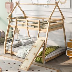 a wooden bunk bed with a slide on the bottom