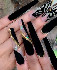 Black Acrylic Nails, Gold Nail, Dope Nail Designs, Acrylic Nails Coffin Pink