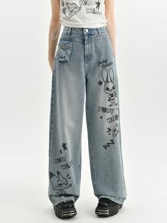 Step into the world of Zootopia with these adorable Judy and Nick print high-waist wide-leg jeans! Made from high-quality denim, these jeans feature a vibrant blue color and a fun print of Judy and Nick, the beloved characters from the movie. The high waist design offers a flattering fit, while the wide-leg style adds a touch of retro charm. Pair these jeans with your favorite top for a playful and stylish look that's perfect for any casual outing.  Please note that this product includes only th Judy And Nick, Zootopia Judy, Steampunk Fashion Male, High Waist Wide Leg Jeans, Gothic Skirts, Skirt Socks, Outfits With Hats, Zootopia, Fleece Coat