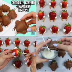 chocolate covered strawberries being dipped with marshmallows