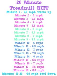 the 20 minute treadmill hit workout plan is shown in pink, blue and green