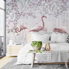 two pink flamingos are standing in front of a wallpapered bedroom with white bedding