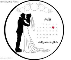 a calendar with a silhouette of a bride and groom hugging each other in front of the wedding date