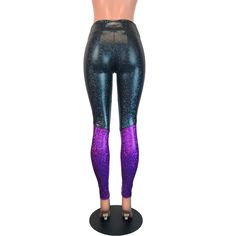 "**Due to SO MANY issues with USPS - we STRONGLY ENCOURAGE you to purchase the UPS Upgrade with your order located here: https://www.etsy.com/listing/926751536/ups-upgrade Made of stretchy black holographic shattered glass spandex with purple holo shattered glass spandex on the bottom of the leggings. These mid-rise leggings will fit you perfectly. The inseam measurements for these are 30\" from the crotch to the bottom hem. If you need them shorter or longer, please say so in the comments! Wome Fitted Edgy Purple Bottoms, Edgy Fitted Purple Bottoms, Stretch Purple Club Bottoms, Stretch Purple Bottoms For Club, Purple Stretch Bottoms For Club, Stretch Rave Bottoms For Streetwear, Trendy Purple Bottoms For Festival, Purple Rave Festival Bottoms, Black Holographic