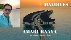 a man standing in front of an over water resort with the words maldives on it