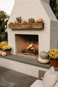 an outdoor fireplace with potted plants and pumpkins