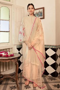 Shop for Chambray & Co. Ivory Silk Izara Sleeve Embroidered Kurta Set for Women Online at Aza Fashions Knot Embroidery, Embroidery Fashion Detail, Indian Outfits Lehenga, Kurta Set For Women, Indian Designer Suits, Kurta Style, Classy Outfits For Women, Pakistani Fashion Casual, Pakistani Fashion Party Wear