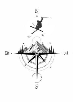 a black and white drawing of a compass with a person on skis in the air