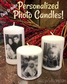 three personalized candles sitting next to each other