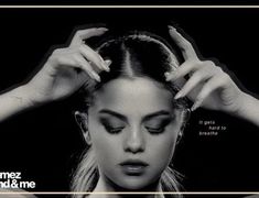 a black and white photo of a woman's face with her hands on her head