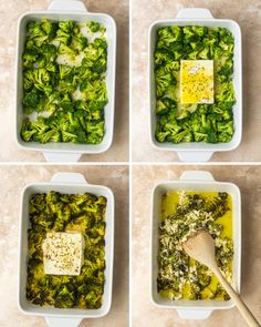 four pictures showing how to make broccoli casserole with cheese and herbs