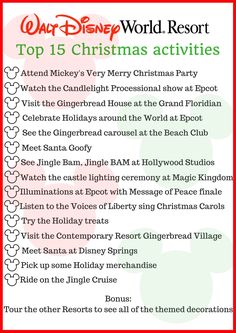 the disney world resort christmas activities list is shown in red, white and green colors