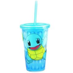 a blue cup with a yellow turtle on it and a straw in the top one