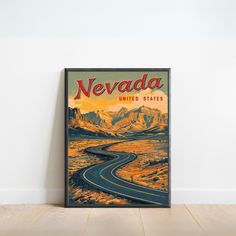 a vintage nevada travel poster hangs on the wall in an empty room with wood flooring