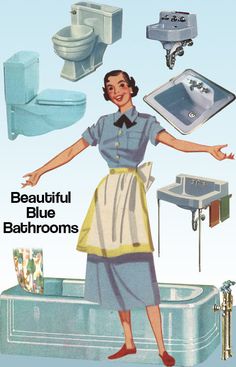 a woman standing next to a sink and toilet in a blue bathroom with the caption beautiful blue bathrooms