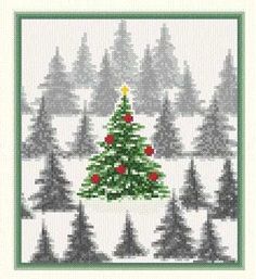 a cross stitch christmas tree in the middle of a snowy forest with red berries on it