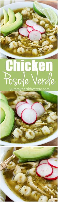 chicken tortilla soup with avocado, radishes and sliced cucumbers