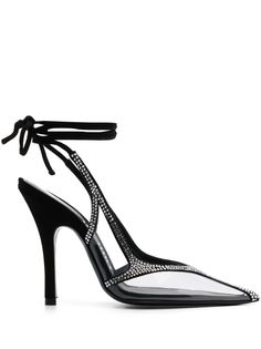 black calf leather transparent panel detail crystal embellishment pointed toe branded insole slingback strap tie-fastening ankle strap high heel Glamourous Heels, The Attico, Silver Heels, Slingback Heel, Italian Luxury, Crystal Embellishment, Slingback Pump, Ankle Straps, High End Fashion