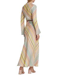 "Find ZIMMERMANN Halliday Striped Linen Maxi Dress on Editorialist. Crafted from pure linen, Zimmermann's Halliday maxi dress features a slanted striped print and corded self-tie belt. Long flared sleeves complete the breezy piece. Crewneck Long sleeves Shoulder-zip closure 100% linen Dry clean Imported SIZE & FIT About 54\" from shoulder to hem Model measurements: 5'10\" tall Model is wearing a US size 4 ABOUT THE BRAND Australian founders and sister-duo Nicky and Simone Zimmermann design with a signature feminine aesthetic, each piece rife with tiers of fabric, rich embroidery and splashy prints. From ruffled bikinis and beachwear to luxe, intricately patterned maxi (and mini) dresses, everything is overtly romantic in the most elevated, effortless way. Zimmermann. Color: Multi Stripe. S Linen Maxi Dress, Feminine Aesthetic, Tall Model, Striped Linen, Pure Linen, Tie Belt, Flared Sleeves, Model Measurements, Shoulder Sleeve