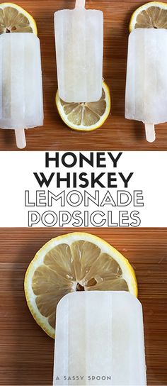 honey whiskey lemonade popsicles on a wooden table