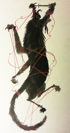 a drawing of a demon with red string attached to it's body and legs