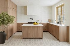 a kitchen with white tile flooring and wooden cabinets next to a potted plant