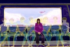 a painting of a woman standing in front of a bus with people on the side